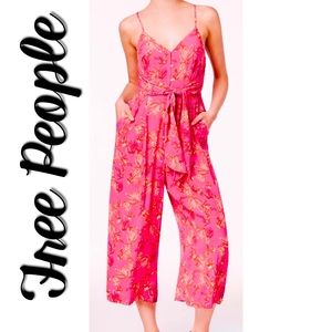 Free People Hot Tropics Capri Spaghetti Strap Romper Tie Waist, Pockets Size 4